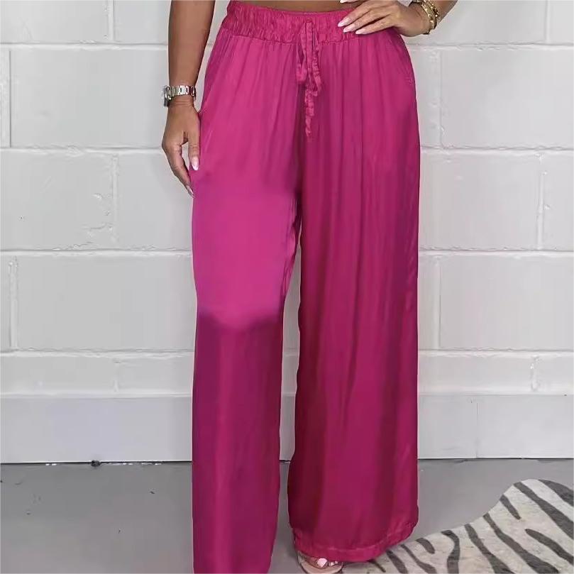 Pantaloni eleganti cu talie reglabilă, picior drept, netezi și largi, cu buzunare