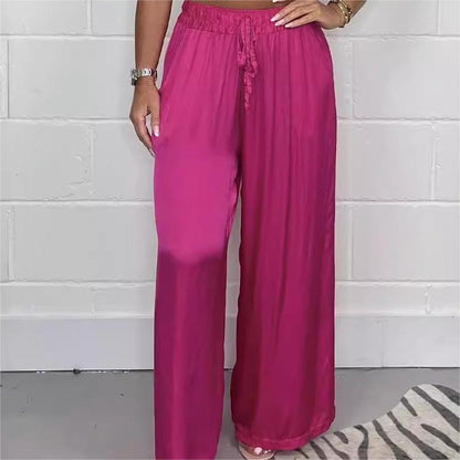 Pantaloni eleganti cu talie reglabilă, picior drept, netezi și largi, cu buzunare