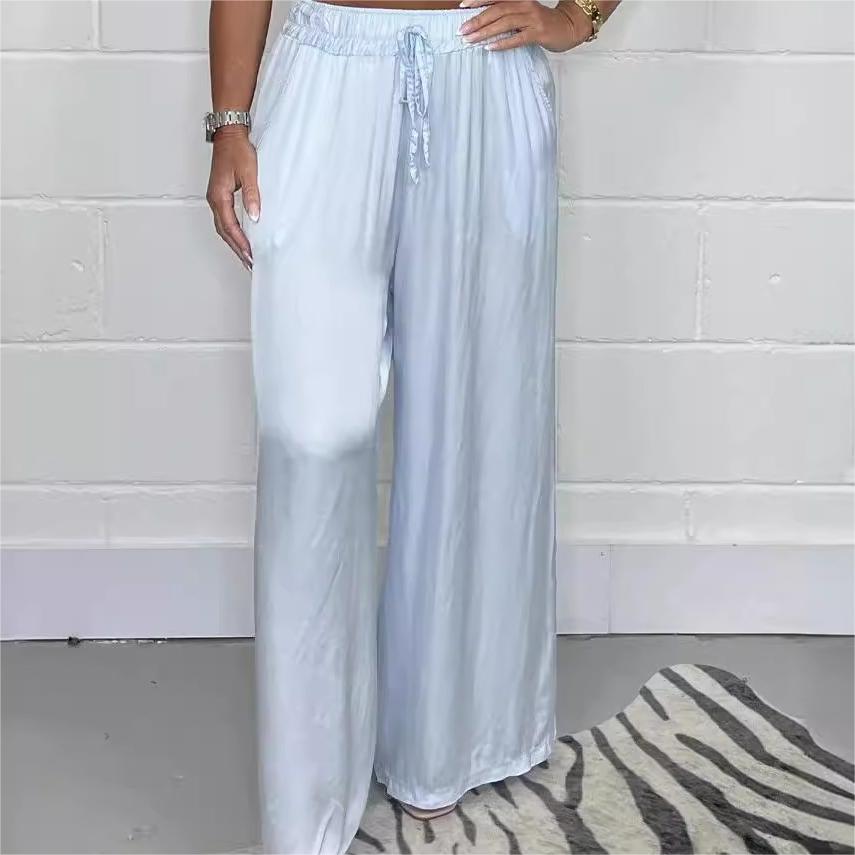 Pantaloni eleganti cu talie reglabilă, picior drept, netezi și largi, cu buzunare