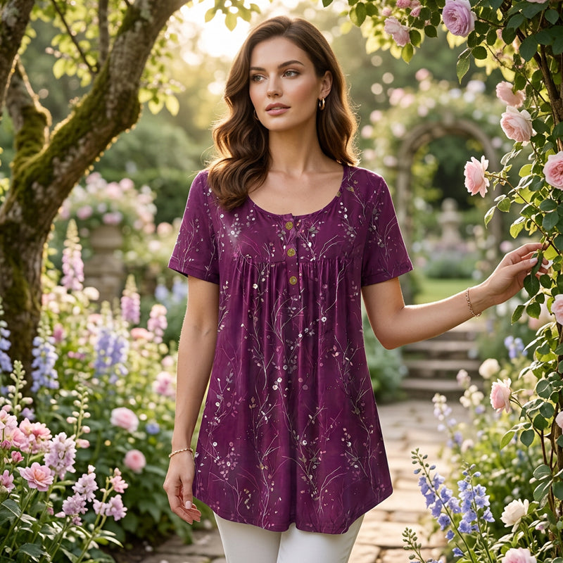 Bluză tip tunică cu imprimeu floral și pliseuri pentru femei