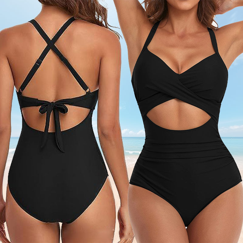 Costum de baie modelator pentru femei, cu croială decupată în față și nervuri solide