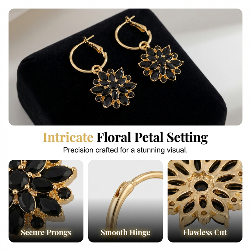 👱‍♀️💖 Cercei eleganți negri cu flori – Design rafinat, potriviți pentru ocazii speciale sau zi de zi! ✨ Plată la livrare!