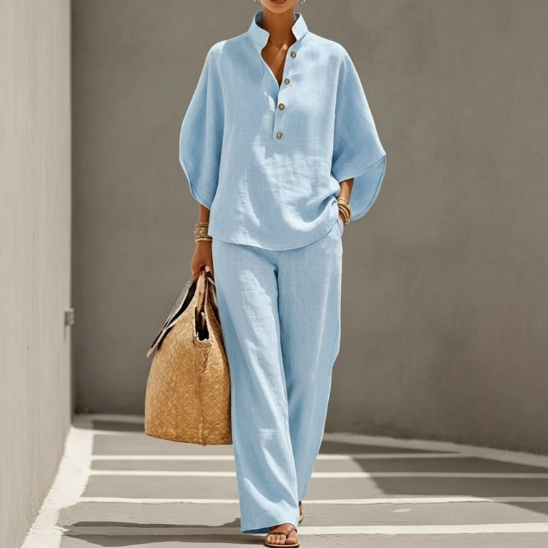 👚 Set femei – bluză cu guler ridicat + pantaloni largi. Elegant și confortabil, potrivit pentru birou sau evenimente. ✨ Plată la livrare!