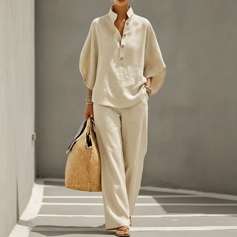 👚 Set femei – bluză cu guler ridicat + pantaloni largi. Elegant și confortabil, potrivit pentru birou sau evenimente. ✨ Plată la livrare!