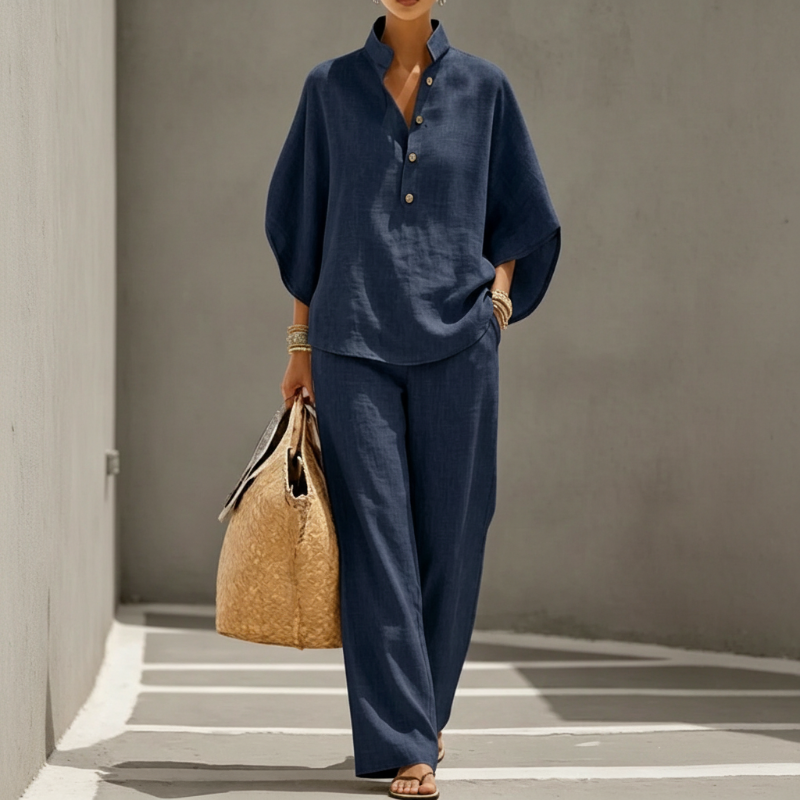👚 Set femei – bluză cu guler ridicat + pantaloni largi. Elegant și confortabil, potrivit pentru birou sau evenimente. ✨ Plată la livrare!
