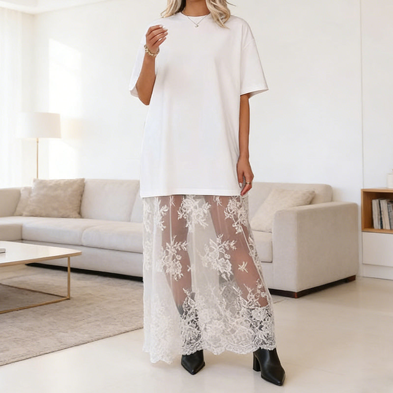 Ofertă specială de Ziua Mamei❤️Rochie tip tricou cu aspect stratificat modern și tiv din dantelă