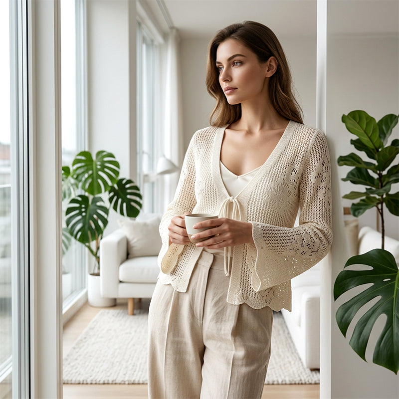 Cardigan Casual, Decoltat în V, Lejer, cu Legături și Decupaje