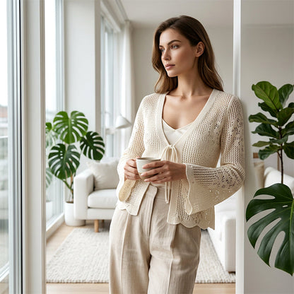 Cardigan Casual, Decoltat în V, Lejer, cu Legături și Decupaje