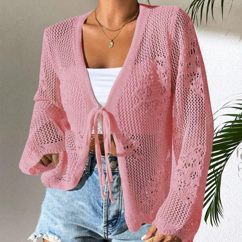 Cardigan Casual, Decoltat în V, Lejer, cu Legături și Decupaje