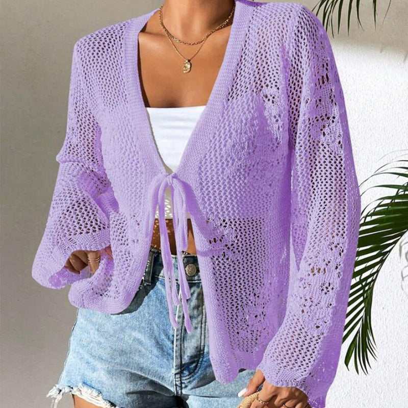 Cardigan Casual, Decoltat în V, Lejer, cu Legături și Decupaje