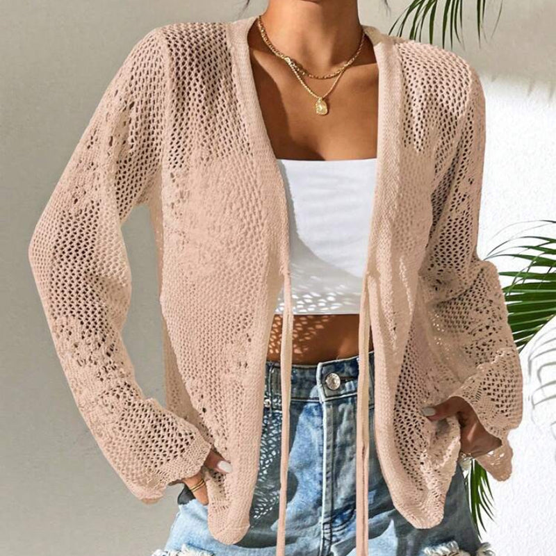 Cardigan Casual, Decoltat în V, Lejer, cu Legături și Decupaje