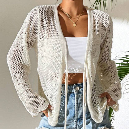 Cardigan Casual, Decoltat în V, Lejer, cu Legături și Decupaje
