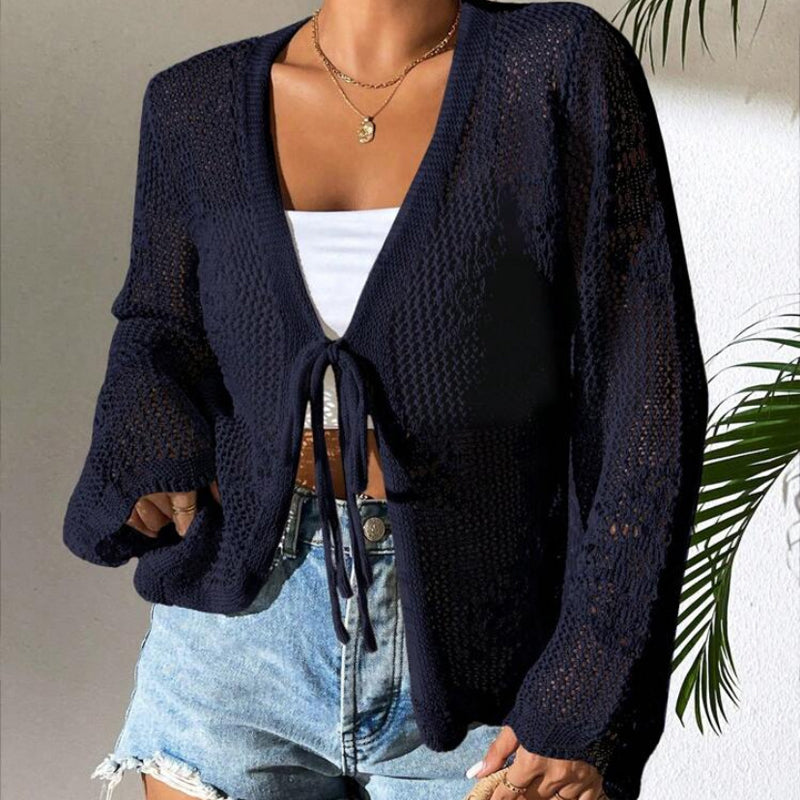 Cardigan Casual, Decoltat în V, Lejer, cu Legături și Decupaje