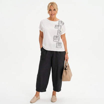 Costum pentru femei cu top și pantaloni, guler rotund, confortabil😍