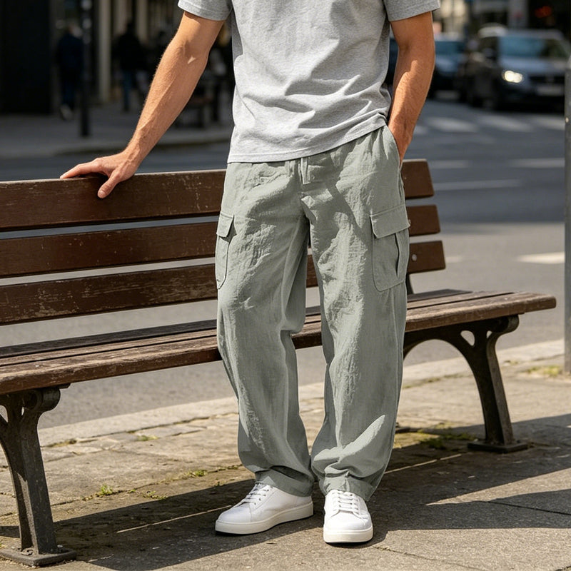 Pantaloni cargo din bumbac și in pentru bărbați