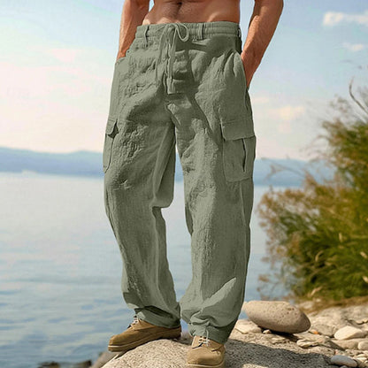 Pantaloni cargo din bumbac și in pentru bărbați