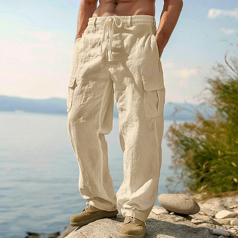 Pantaloni cargo din bumbac și in pentru bărbați