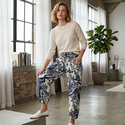 Pantaloni jogger cu talie înaltă, model floral vintage
