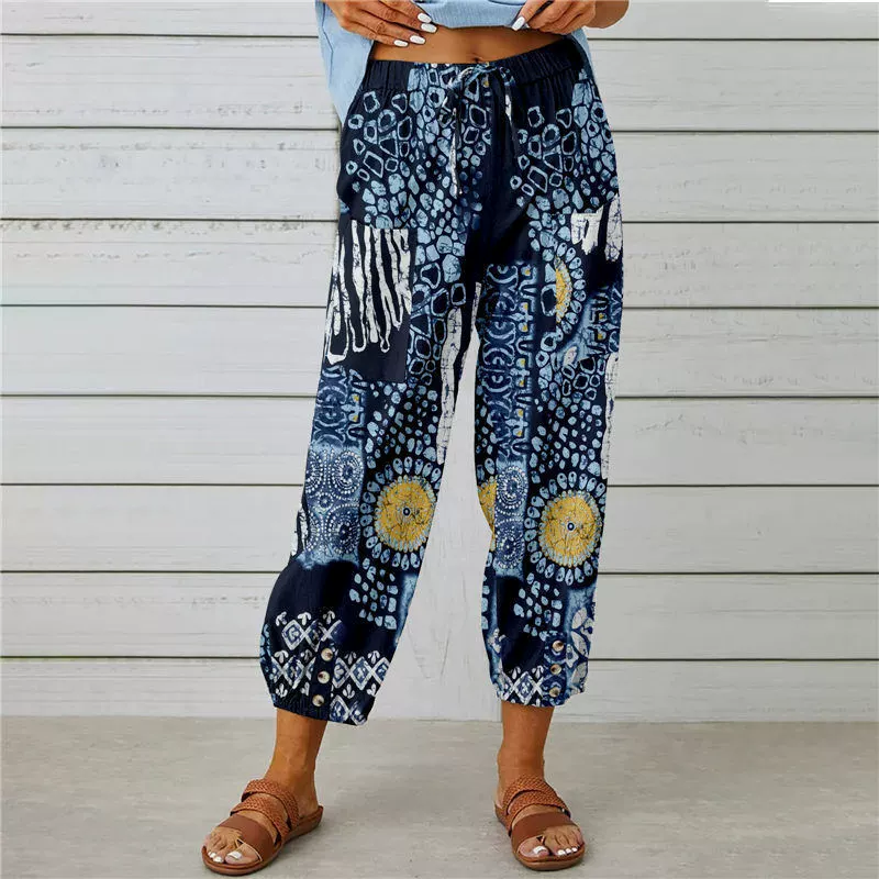 Pantaloni jogger cu talie înaltă, model floral vintage