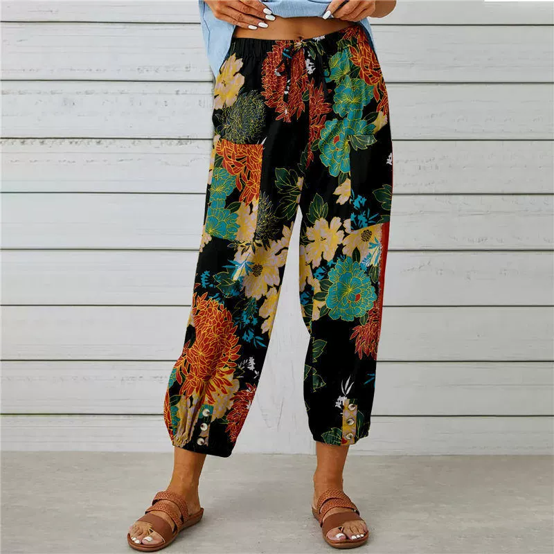 Pantaloni jogger cu talie înaltă, model floral vintage