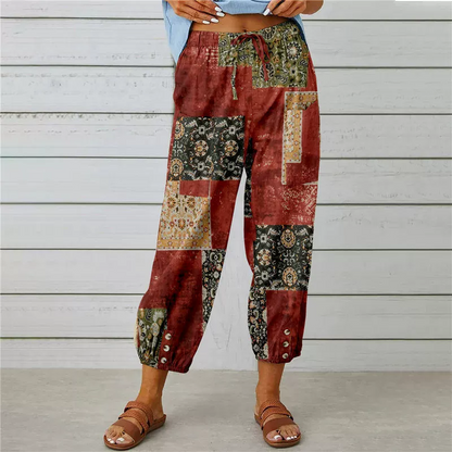 Pantaloni jogger cu talie înaltă, model floral vintage