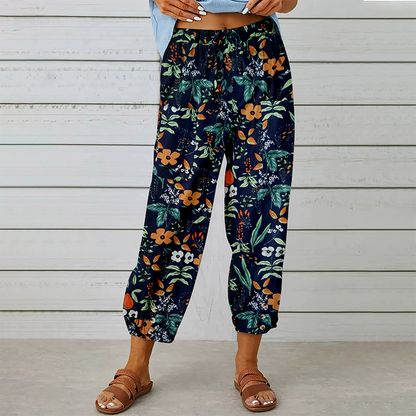 Pantaloni jogger cu talie înaltă, model floral vintage