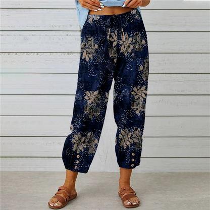 Pantaloni jogger cu talie înaltă, model floral vintage