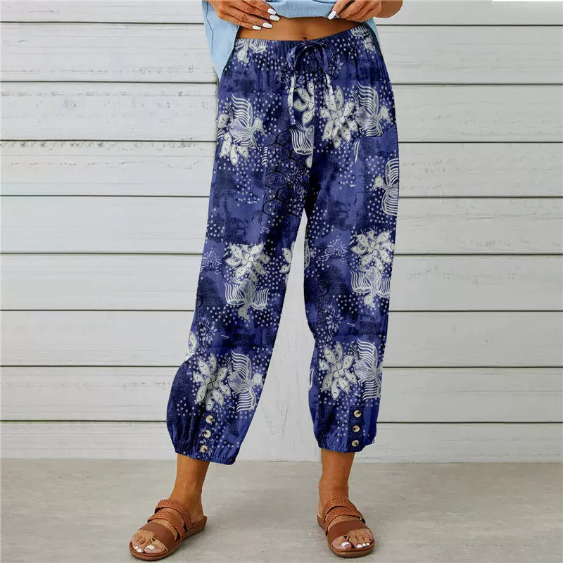 Pantaloni jogger cu talie înaltă, model floral vintage