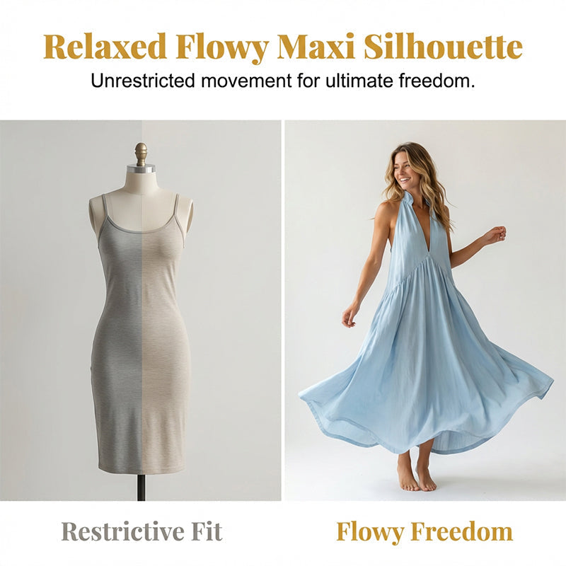 🔥 Rochia maxi care îți dă aer fresh! 🌬️ Guler halter + decolteu în V – perfectă pentru zilele caniculare.