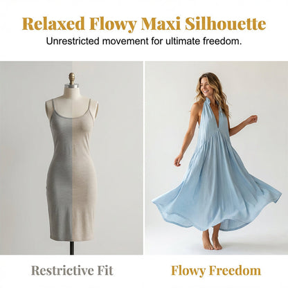 🔥 Rochia maxi care îți dă aer fresh! 🌬️ Guler halter + decolteu în V – perfectă pentru zilele caniculare.