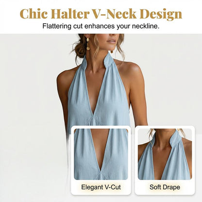 🔥 Rochia maxi care îți dă aer fresh! 🌬️ Guler halter + decolteu în V – perfectă pentru zilele caniculare.