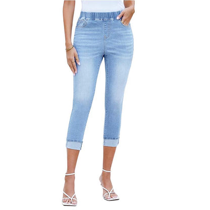 👖 Blugi Capri cu talie elastică – confort ca în pijama, arată ca blugii Denim stretch – se mișcă odată cu tine ✅ Fără nasturi care strâng | Fără fermoare care incomodează