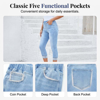 👖 Blugi Capri cu talie elastică – confort ca în pijama, arată ca blugii Denim stretch – se mișcă odată cu tine ✅ Fără nasturi care strâng | Fără fermoare care incomodează