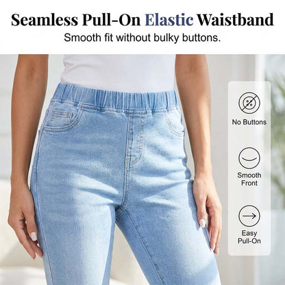 👖 Blugi Capri cu talie elastică – confort ca în pijama, arată ca blugii Denim stretch – se mișcă odată cu tine ✅ Fără nasturi care strâng | Fără fermoare care incomodează