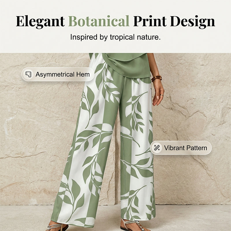 🌿 Set două piese femei – imprimeu frunze + pantaloni cu picior larg. Elegant, confortabil și perfect pentru vară! 🔥 Plătești DOAR la livrare în România. ✅ Comandă acum – stoc limitat!