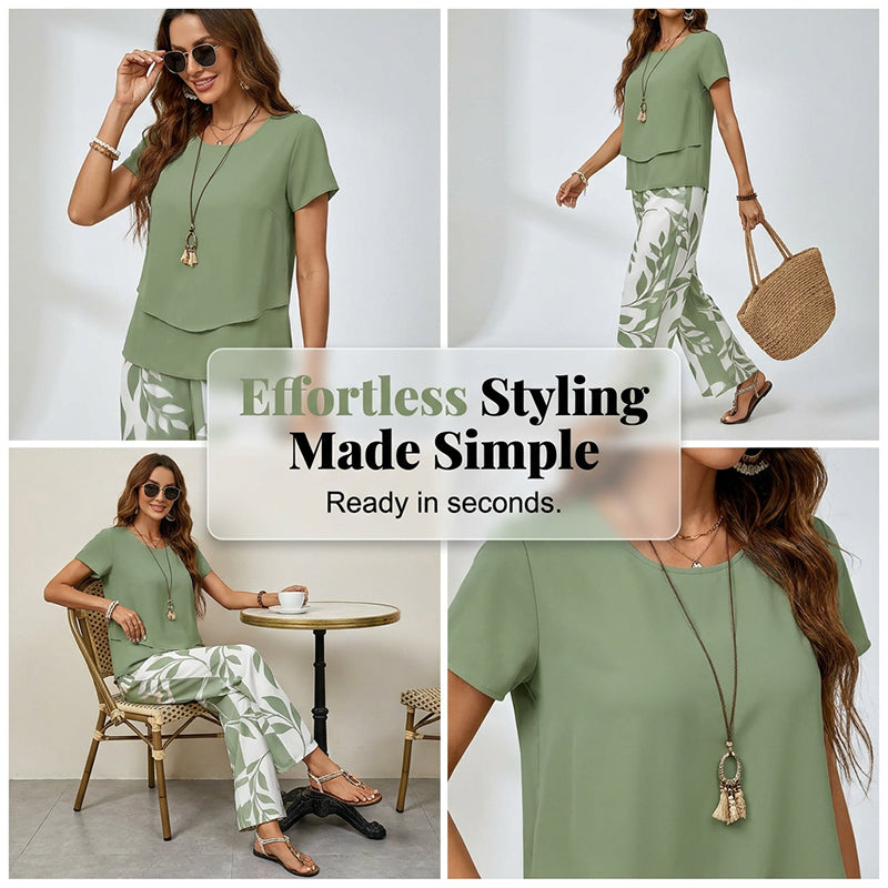 🌿 Set două piese femei – imprimeu frunze + pantaloni cu picior larg. Elegant, confortabil și perfect pentru vară! 🔥 Plătești DOAR la livrare în România. ✅ Comandă acum – stoc limitat!