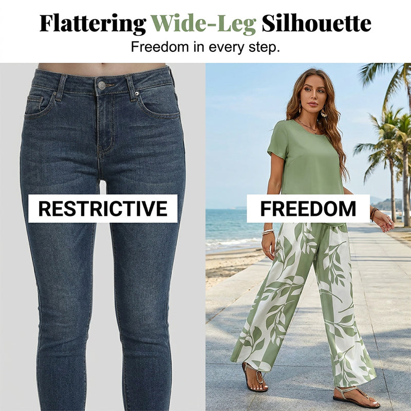 🌿 Set două piese femei – imprimeu frunze + pantaloni cu picior larg. Elegant, confortabil și perfect pentru vară! 🔥 Plătești DOAR la livrare în România. ✅ Comandă acum – stoc limitat!