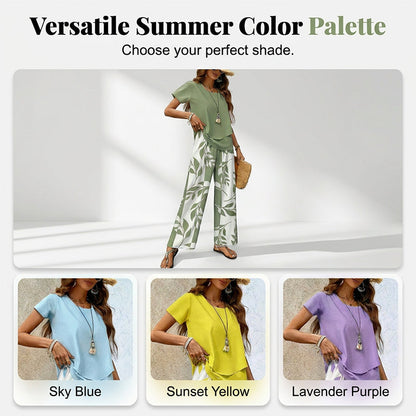 🌿 Set două piese femei – imprimeu frunze + pantaloni cu picior larg. Elegant, confortabil și perfect pentru vară! 🔥 Plătești DOAR la livrare în România. ✅ Comandă acum – stoc limitat!