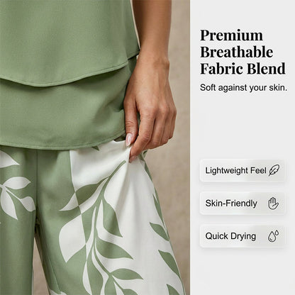 🌿 Set două piese femei – imprimeu frunze + pantaloni cu picior larg. Elegant, confortabil și perfect pentru vară! 🔥 Plătești DOAR la livrare în România. ✅ Comandă acum – stoc limitat!