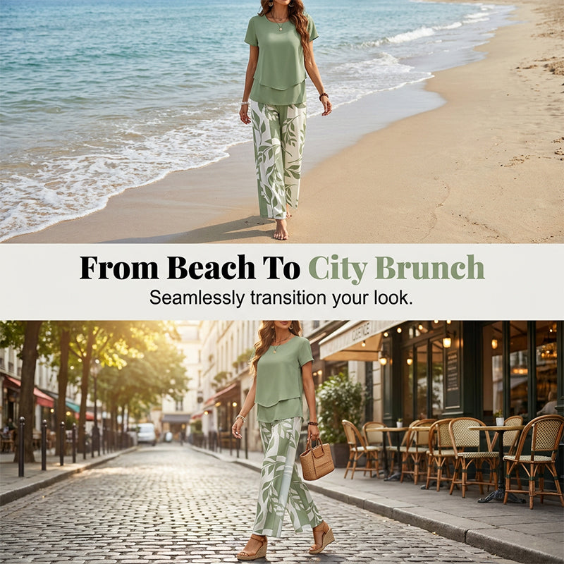 🌿 Set două piese femei – imprimeu frunze + pantaloni cu picior larg. Elegant, confortabil și perfect pentru vară! 🔥 Plătești DOAR la livrare în România. ✅ Comandă acum – stoc limitat!