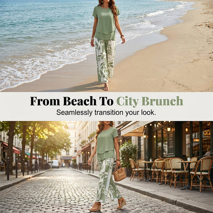 🌿 Set două piese femei – imprimeu frunze + pantaloni cu picior larg. Elegant, confortabil și perfect pentru vară! 🔥 Plătești DOAR la livrare în România. ✅ Comandă acum – stoc limitat!