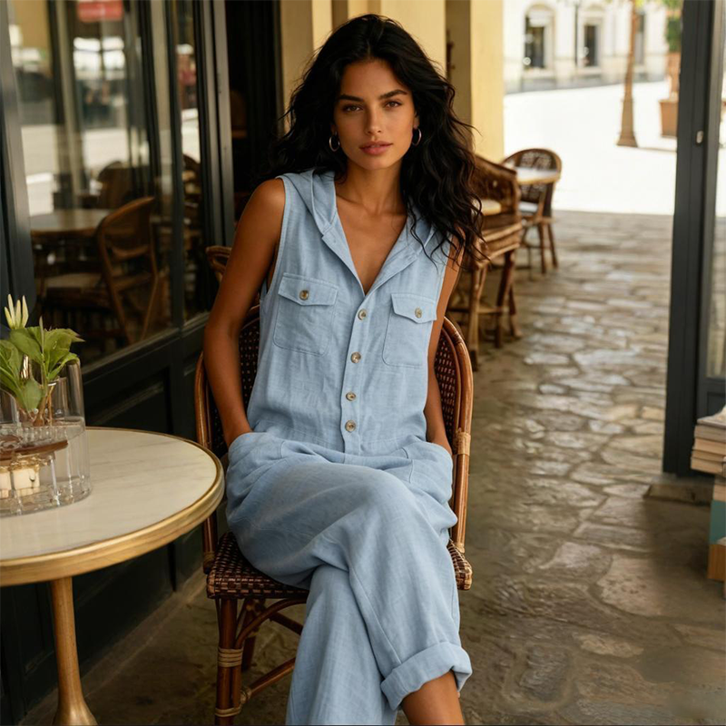👗 Salopetă casual pentru femei, fără mâneci, cu glugă – confortabilă, potrivită pentru zilele răcoroase de vară sau primăvară. 🌸 Plată la livrare!