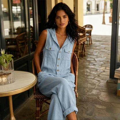 👗 Salopetă casual pentru femei, fără mâneci, cu glugă – confortabilă, potrivită pentru zilele răcoroase de vară sau primăvară. 🌸 Plată la livrare!