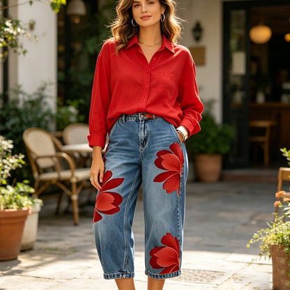 🔥 Blugi largi, cu croială artistică pentru femei – comozi, stil bohemic, potriviți pentru orice siluetă. 👖 Plată la livrare!