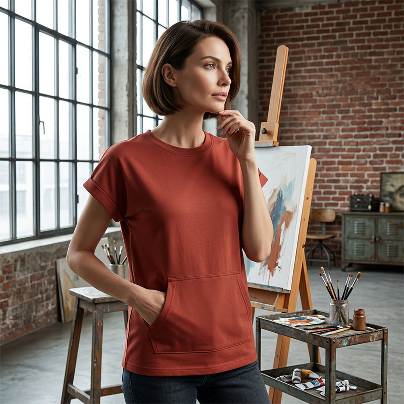 👕 Tricou casual femei – guler rotund, buzunar practic, material moale. Potrivit pentru zi de zi! 🌸 Plată la livrare!