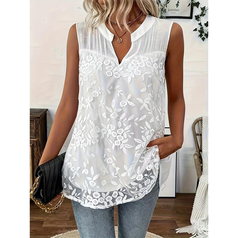 👚ROMANTICĂ ȘI FEMININĂ: Cămașă fără mâneci – imprimeu floral + dantelă. Arăți superb fără efort!