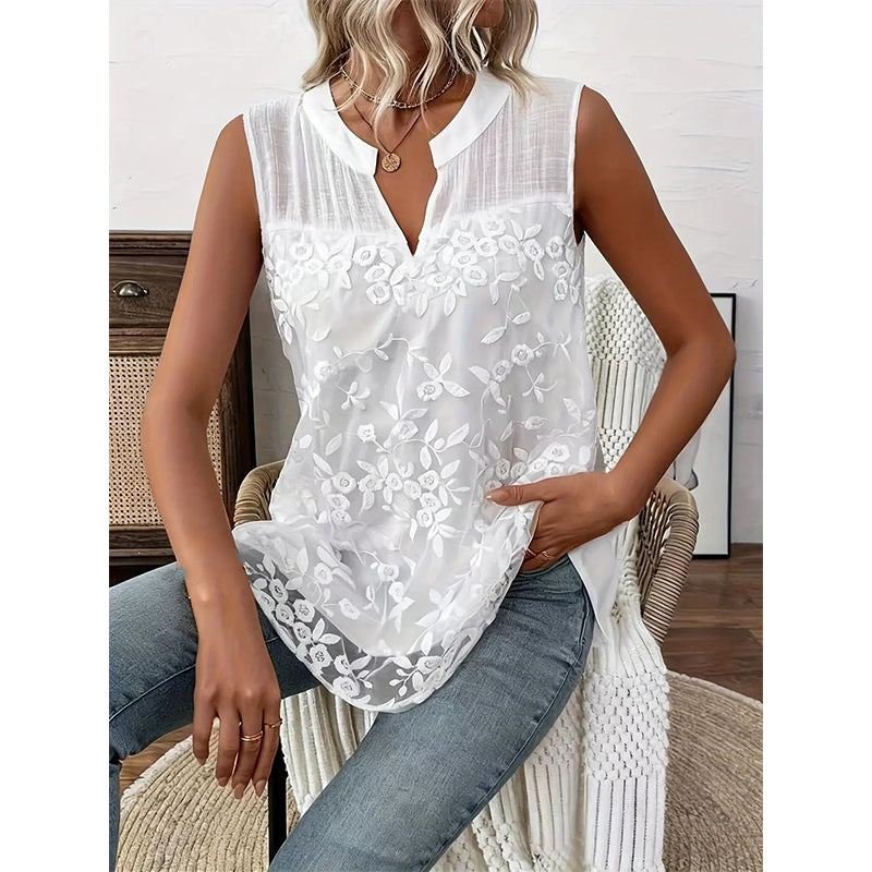 👚ROMANTICĂ ȘI FEMININĂ: Cămașă fără mâneci – imprimeu floral + dantelă. Arăți superb fără efort!