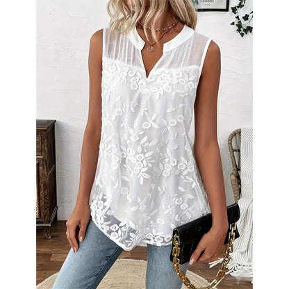 👚ROMANTICĂ ȘI FEMININĂ: Cămașă fără mâneci – imprimeu floral + dantelă. Arăți superb fără efort!