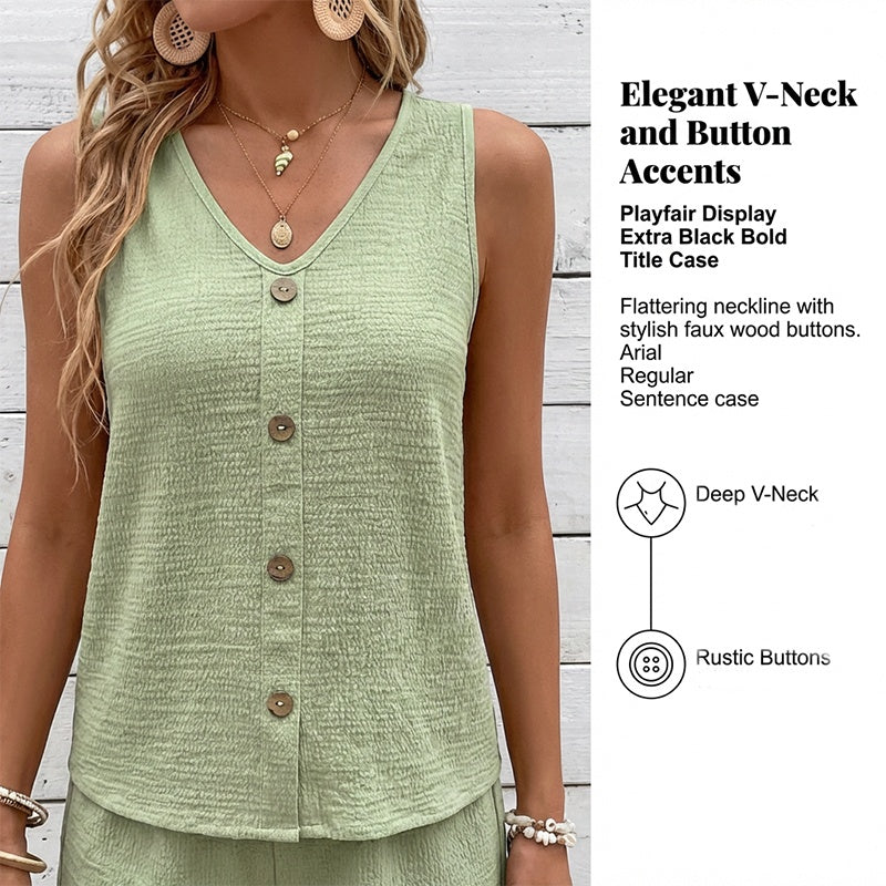 🌬️ Set casual două piese – decolteu în V, fără mâneci – Stil lejer pentru zile călduroase ☀️