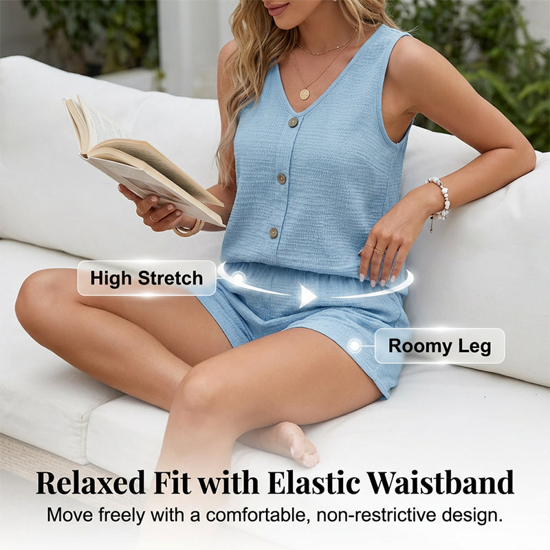 🌬️ Set casual două piese – decolteu în V, fără mâneci – Stil lejer pentru zile călduroase ☀️